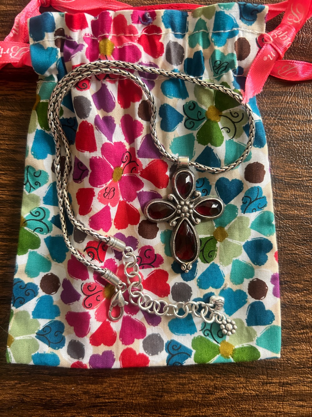 Brighton Silver Necklace with Garnet-Red Floral Cross Pendant